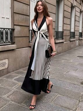 Black and White Striped Halter Midi Dress